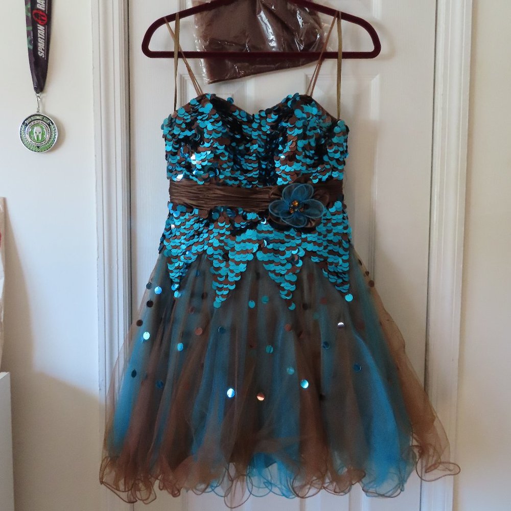 Blue/Brown Sequin Party Dress w/ shawl (Size 4)